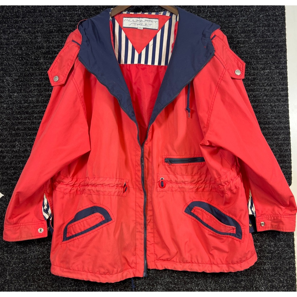 Vintage Women's‎ Mulberry St. Jacket w/hood Red/Blue Striped Size 2X *See pics**